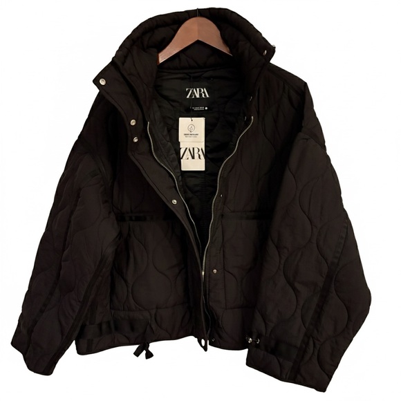 ZARA ZW Collection Black Water Repellent Quilted Puffer Jacket Medium NWT - Picture 3 of 13